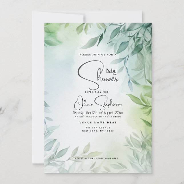 Baby Shower- Pale Teal and Green Foliage  Invitation (Front)