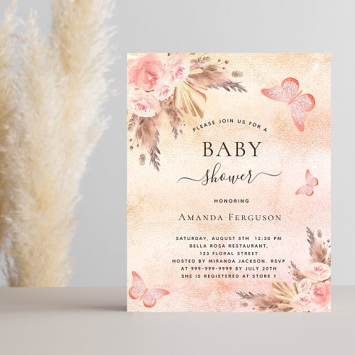 Baby shower pampas butterfly budget invitation