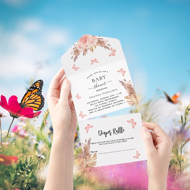 Baby Shower pampas butterfly floral diaper raffle All In One Invitation (Creator Uploaded)