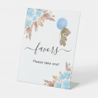 Baby shower pampas grass blue teddy bear favors pedestal sign