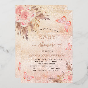 Baby shower pampas grass blush butterflies foil invitation
