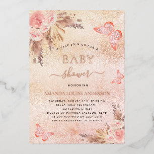 Baby shower pampas grass blush butterfly foil invitation