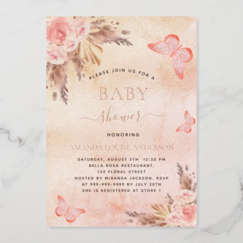 Baby shower pampas grass blush butterfly foil invitation