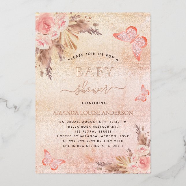 Baby shower pampas grass blush butterfly foil invitation (Front)