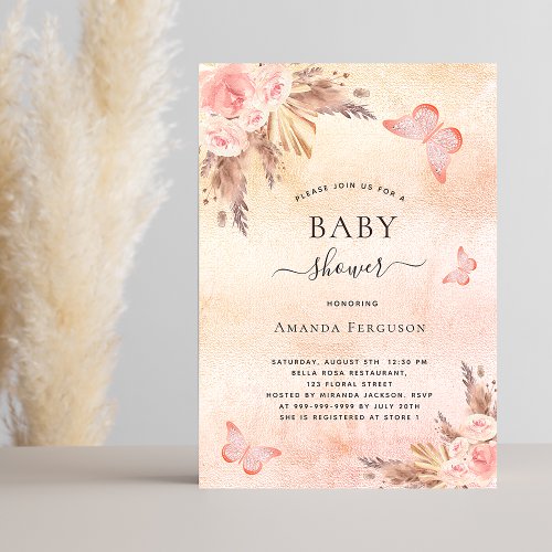 Baby shower pampas grass blush butterfly invitation