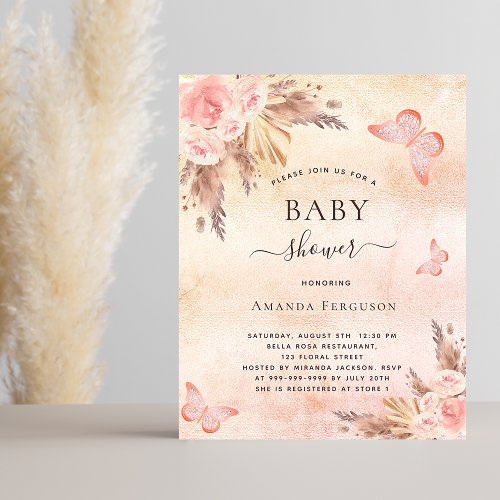 Baby shower pampas grass blush butterfly invitation postcard