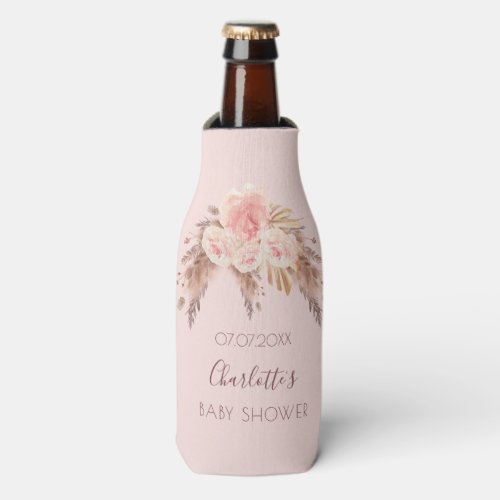 Baby shower pampas grass blush rose floral name bottle cooler