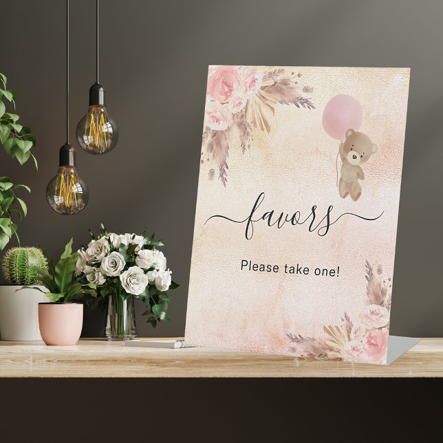 Baby shower pampas grass blush teddy bear favor pedestal sign (Creator Uploaded)