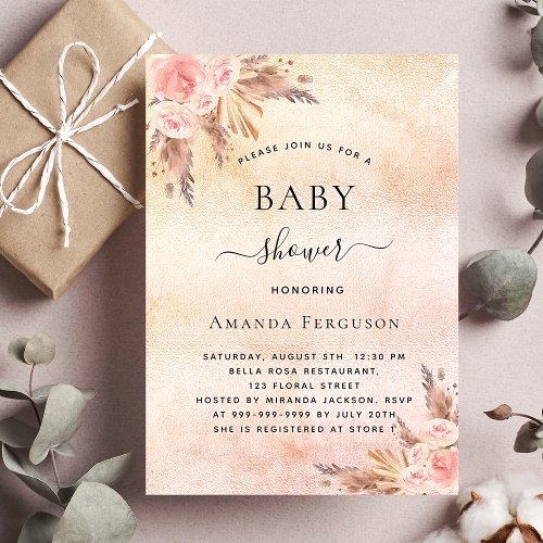 Baby shower pampas grass floral boho luxury invitation
