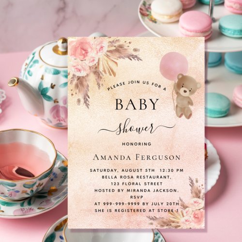 Baby shower pampas grass floral pink teddy bear  invitation