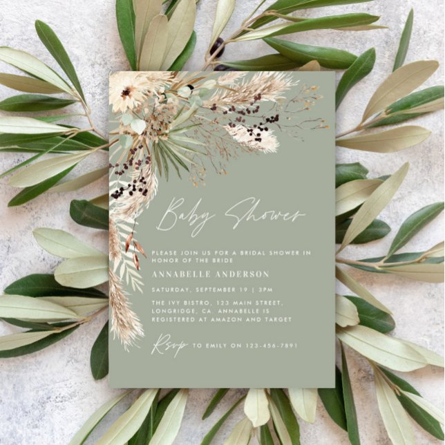 Baby shower pampas grass modern elegant sage green invitation (Creator Uploaded)
