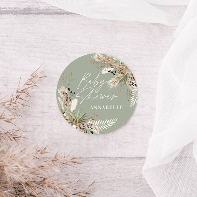 Baby shower pampas grass modern sage green elegant classic round sticker (Creator Uploaded)