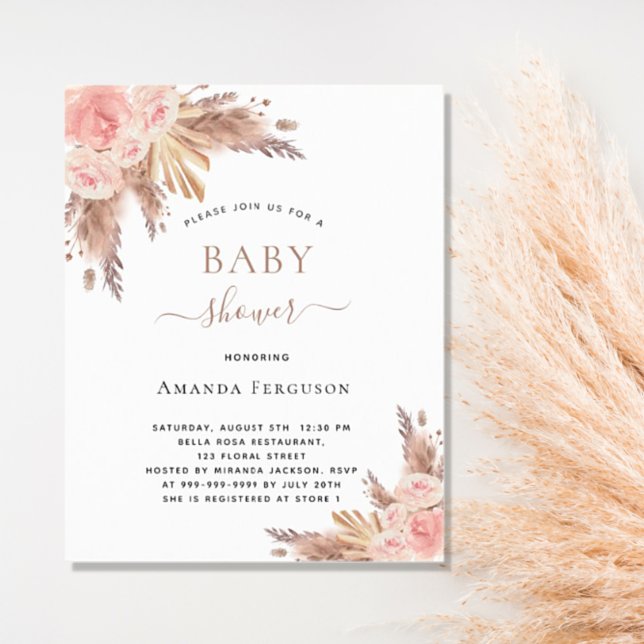 Baby shower pampas grass rose budget invitation flyer (Creator Uploaded)