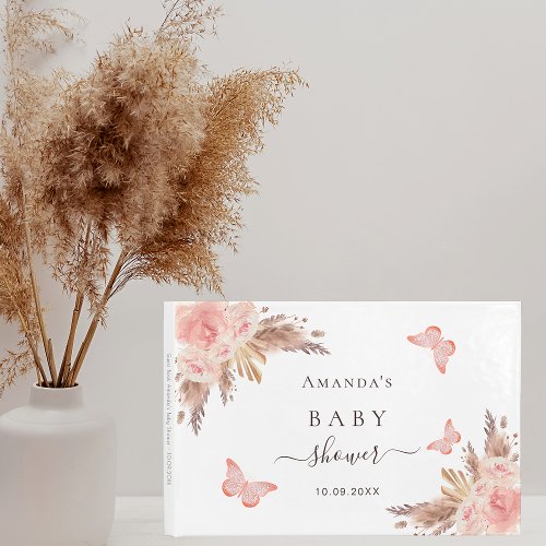 Baby Shower pampas grass rose gold butterfly white Guest Book