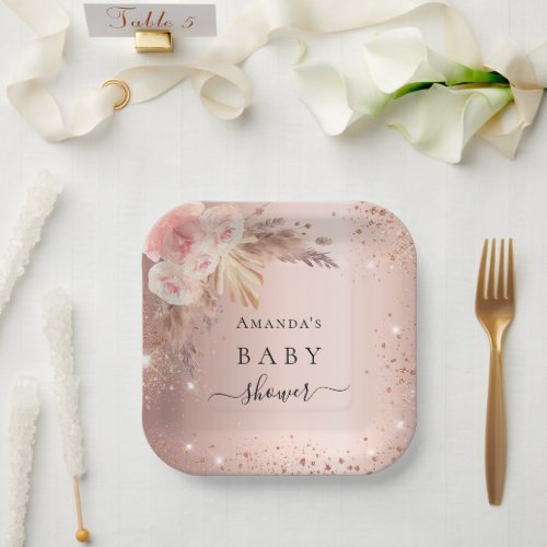Baby Shower pampas grass rose gold floral glitter Paper Plates
