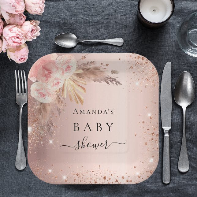 Baby Shower pampas grass rose gold floral glitter Paper Plates (Creator Uploaded)