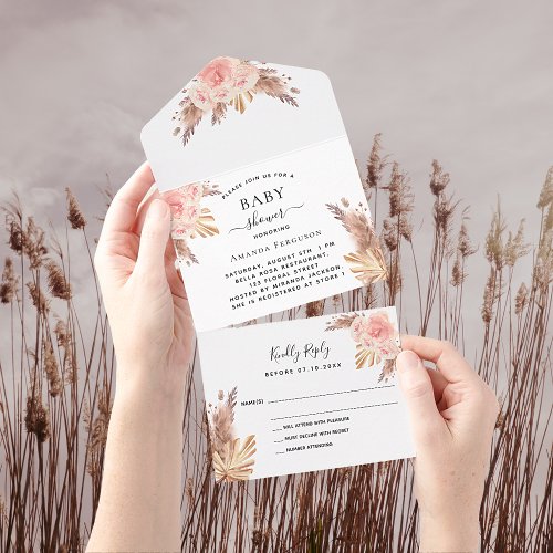 Baby Shower pampas grass rose gold floral RSVP All In One Invitation