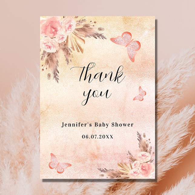 Baby Shower pampas grass rose gold florals boho Thank You Card (Creator Uploaded)