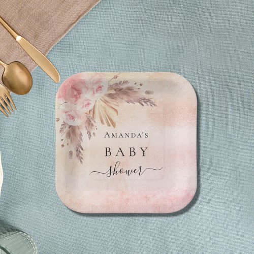 Baby Shower pampas grass rose gold florals Paper Plates