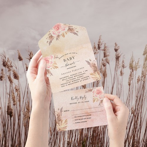 Baby Shower pampas grass rose gold florals RSVP All In One Invitation