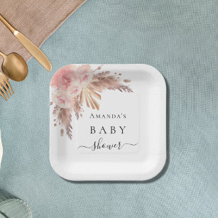 Baby Shower pampas grass rose gold florals white Paper Plates