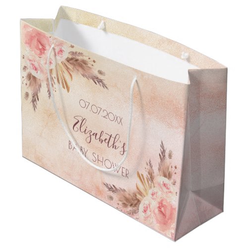 Baby Shower pampas grass rose gold pink floral Large Gift Bag