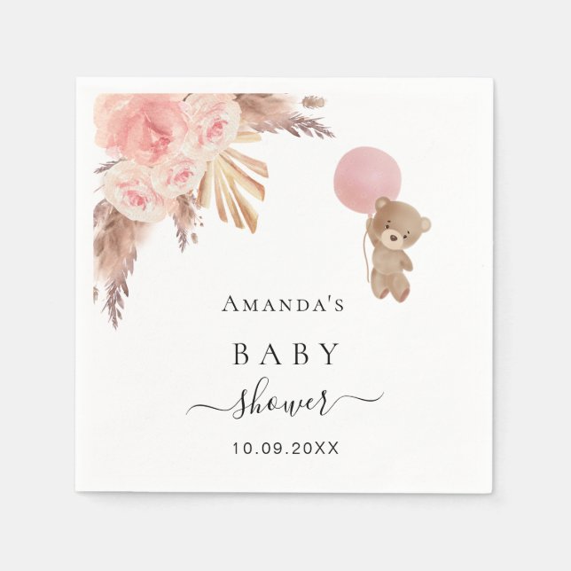 Baby Shower pampas grass rose gold teddy Napkins (Front)
