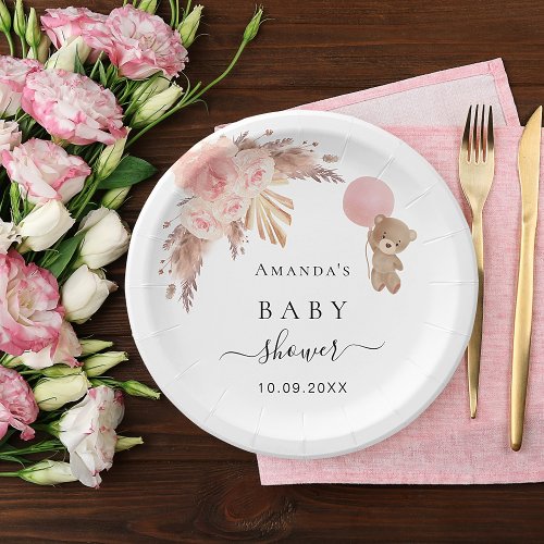 Baby Shower pampas grass rose gold teddy Paper Plates