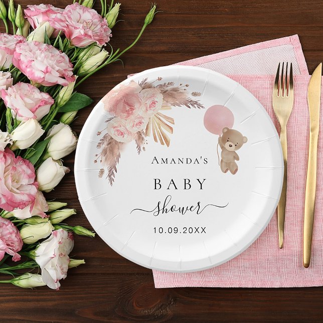 Baby Shower pampas grass rose gold teddy Paper Plates (Creator Uploaded)
