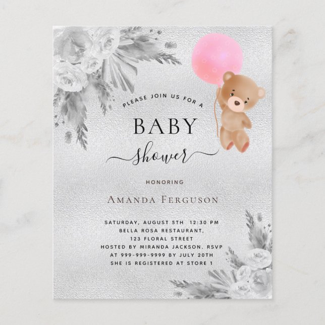 Baby shower pampas grass silver teddy bear budget flyer (Front)