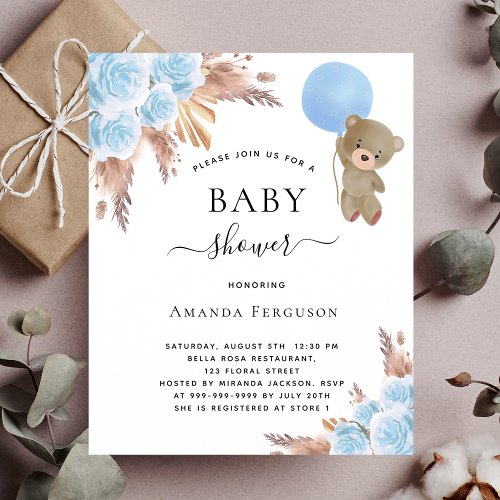 Baby shower pampas grass teddy bear blue budget flyer