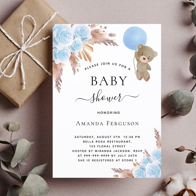 Baby shower pampas grass teddy bear blue luxury invitation (Creator Uploaded)
