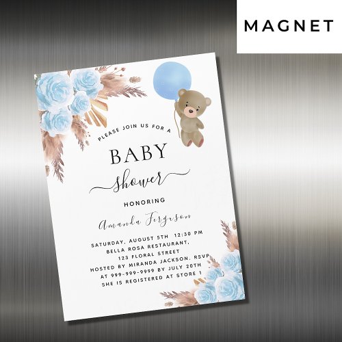 Baby shower pampas grass teddy bear blue luxury magnetic invitation