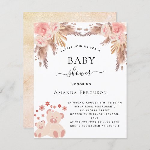 Baby shower pampas grass teddy bear invitation