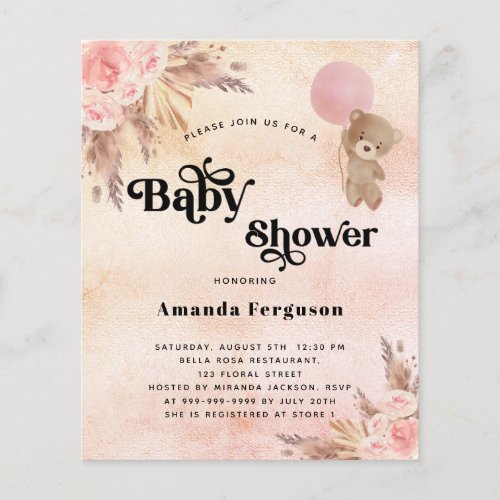 Baby shower pampas grass teddy bear pink budget flyer