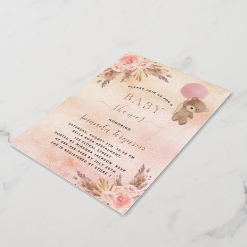 Baby shower pampas grass teddy bear pink floral foil invitation