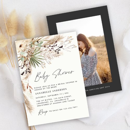 Baby shower pampas modern elegant black photo  invitation