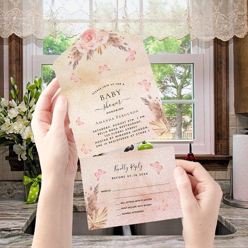 Baby Shower pampas rose gold butterfly floral RSVP All In One Invitation