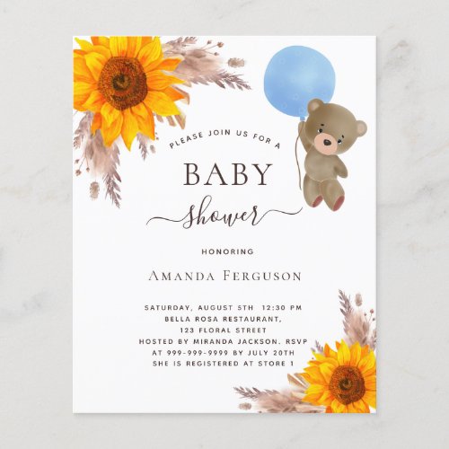 Baby shower pampas sunflower teddy boy budget flyer