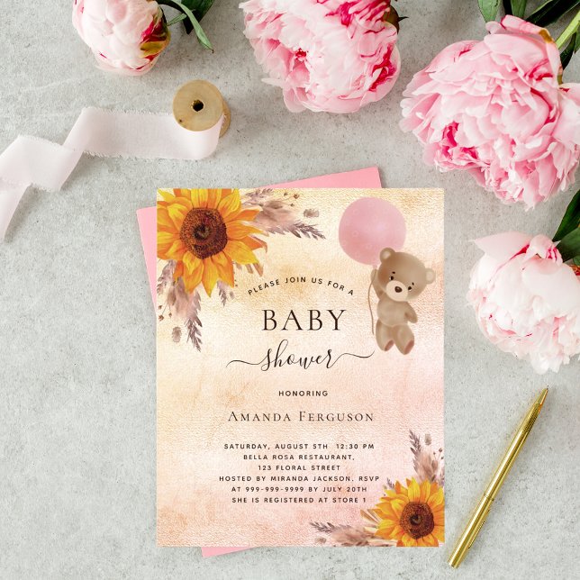 Baby shower pampas sunflower teddy invitation (Creator Uploaded)