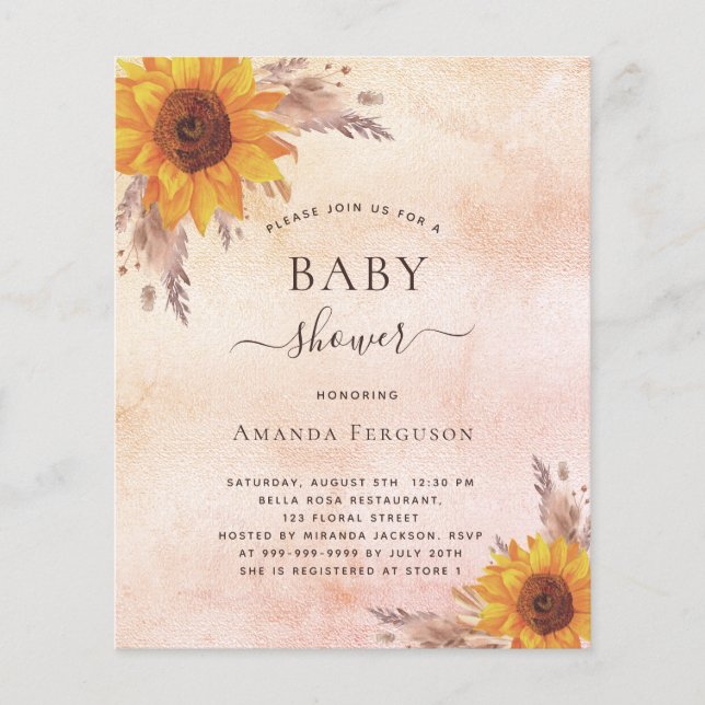 Baby shower pampas sunflowers budget invitation (Front)