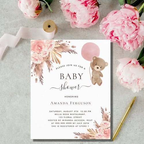 Baby shower pampas teddy pink budget invitation flyer