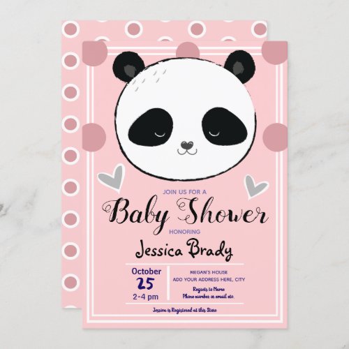 Baby Shower Panda Face and Pink Polka Dots Invitation
