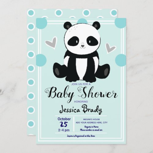 Baby Shower Panda Sitting and Blue Polka Dots Invitation