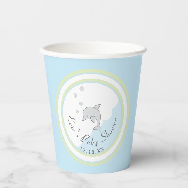 Baby Shower Paper Cups "Dolphin Blue" 8 oz. (Front)