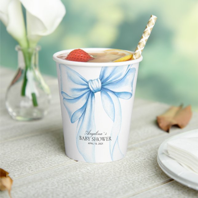 Baby shower paper cups with a delicate bow. (Insitu)