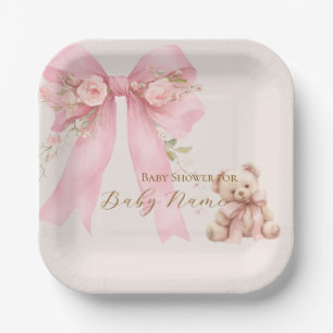 Baby Shower Paper Plates, Coquette Pink Bow Floral Plates