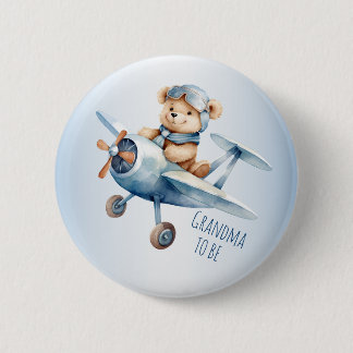 Baby Shower Party Baby Bear Pilot Blue Airplane Button