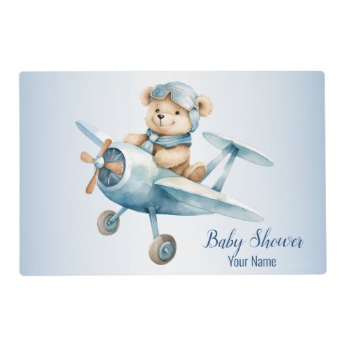 Baby Shower Party Baby Bear Pilot Blue Airplane Placemat