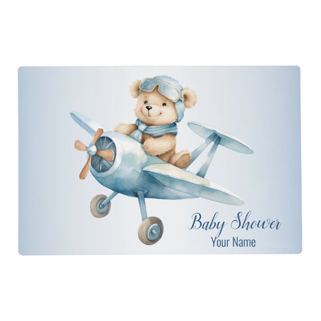 Baby Shower Party Baby Bear Pilot Blue Airplane Placemat (Front)